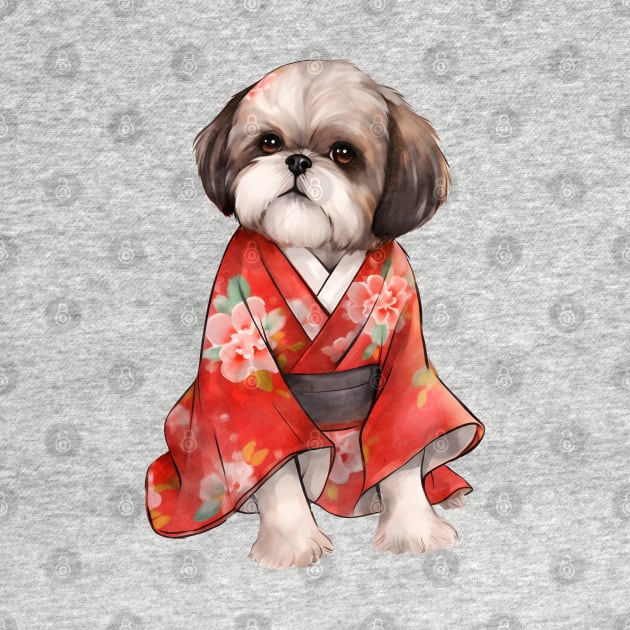 Watercolor Shih Tzu Dog in Kimono by Chromatic Fusion Studio